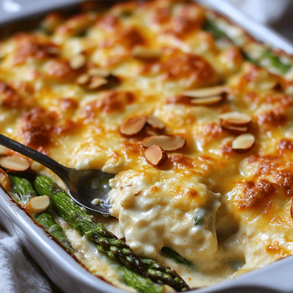 Cheesy asparagus casserole with toasted almonds on top