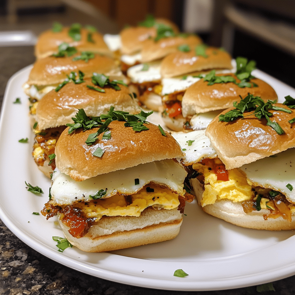 Warm baked breakfast sliders layered with fluffy eggs melty cheese and savory halal friendly fillings