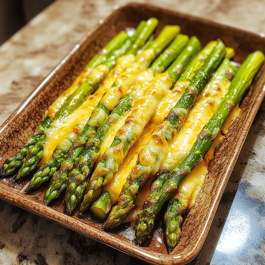 Homemade cheesy garlic roasted asparagus (sheet pan recipe) - 4 sons 'r' us in a serving dish in a bright kitchen