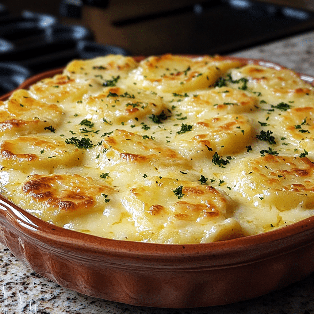 Homemade cheesy scalloped potatoes recipe in a serving dish in a bright kitchen