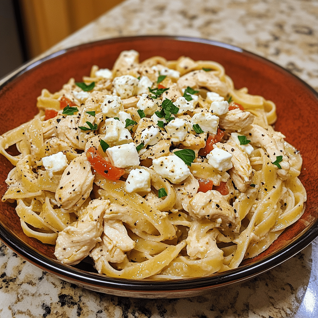 Homemade chicken feta greek pasta recipe in a serving dish in a bright kitchen