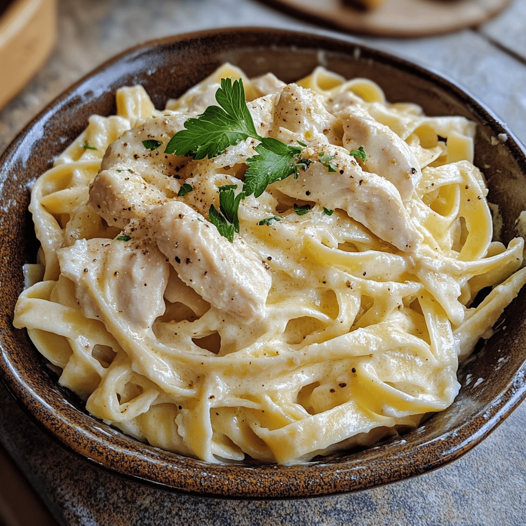 Homemade chicken fettuccine alfredo in a serving dish in a bright kitchen