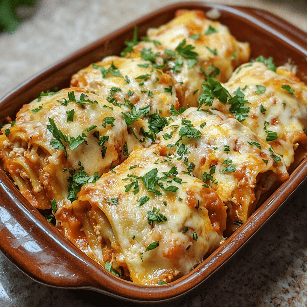 Homemade chicken lasagna roll ups in a serving dish in a bright kitchen