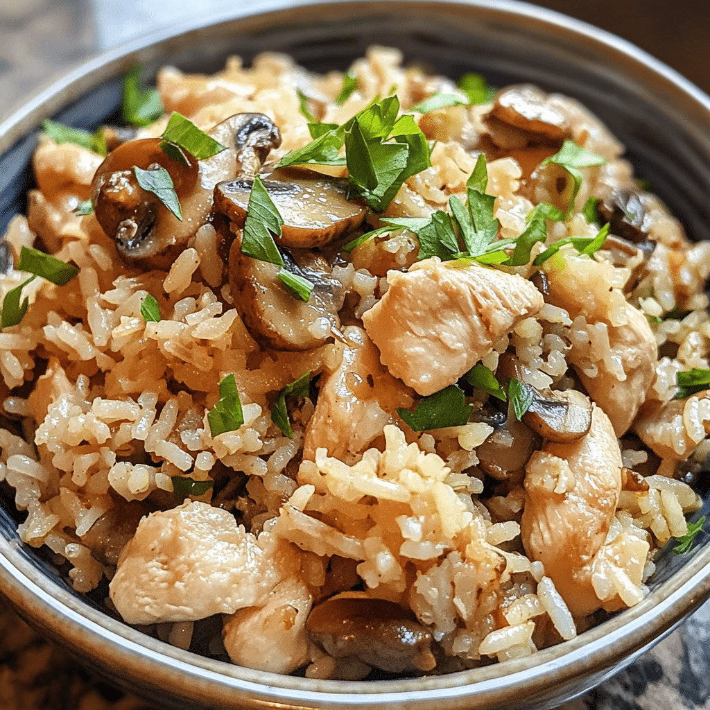 Homemade chicken & mushroom rice in a serving dish in a bright kitchen