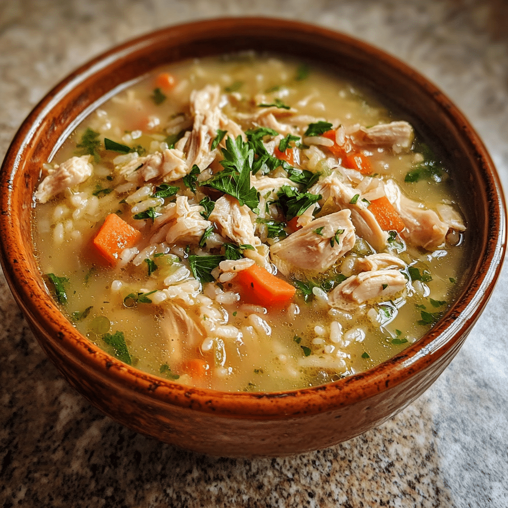 Homemade chicken rice soup - an organized chaos in a serving dish in a bright kitchen