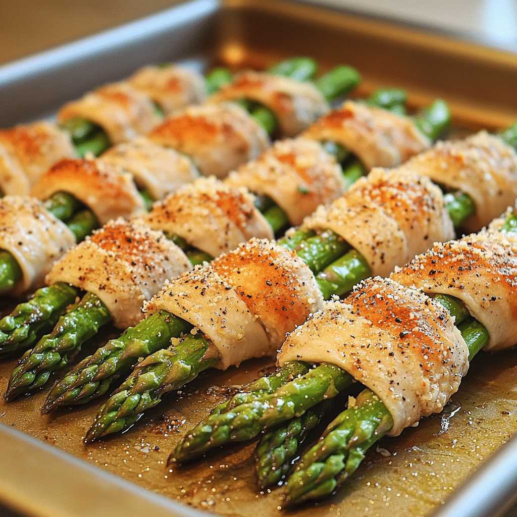 Chicken wrapped asparagus bundles baked on a tray with seasoning and parmesan