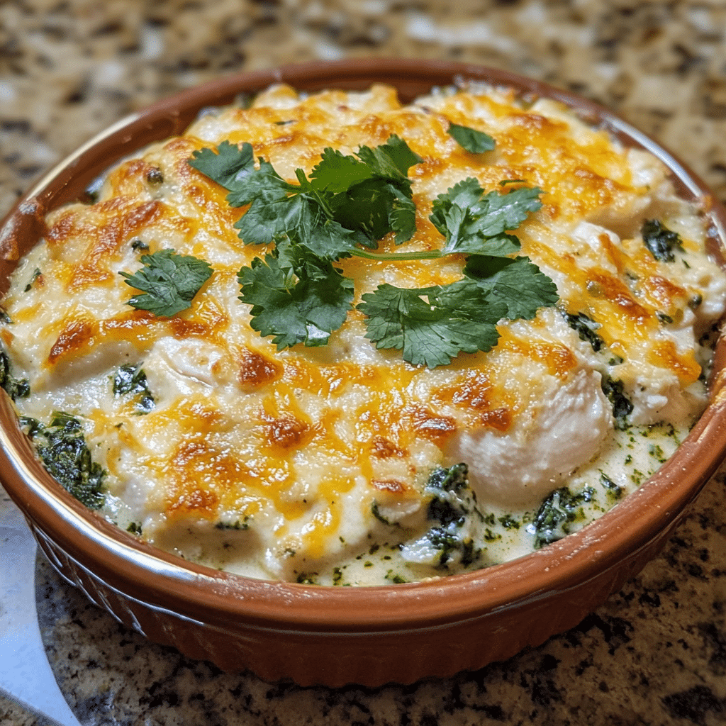 Homemade chicken and spinach casserole with cream cheese recipe in a serving dish in a bright kitchen