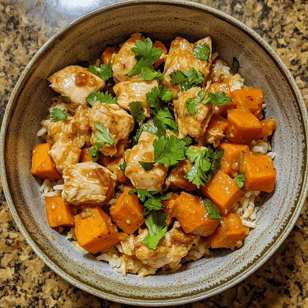 Homemade chicken and sweet potato rice bowl in a serving dish in a bright kitchen