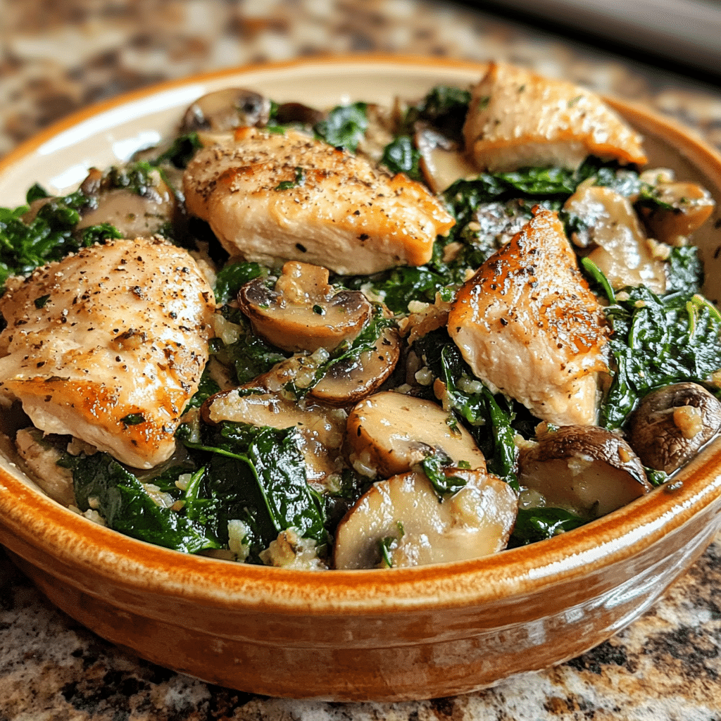 Homemade chicken spinach and mushroom low carb oven dish in a serving dish in a bright kitchen
