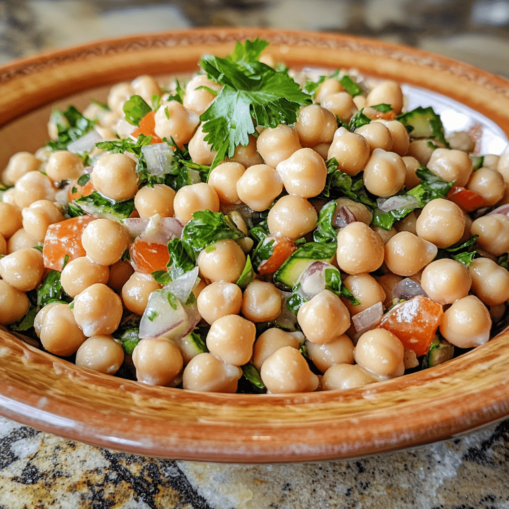 Homemade chickpea salad (garbanzo bean salad) in a serving dish in a bright kitchen