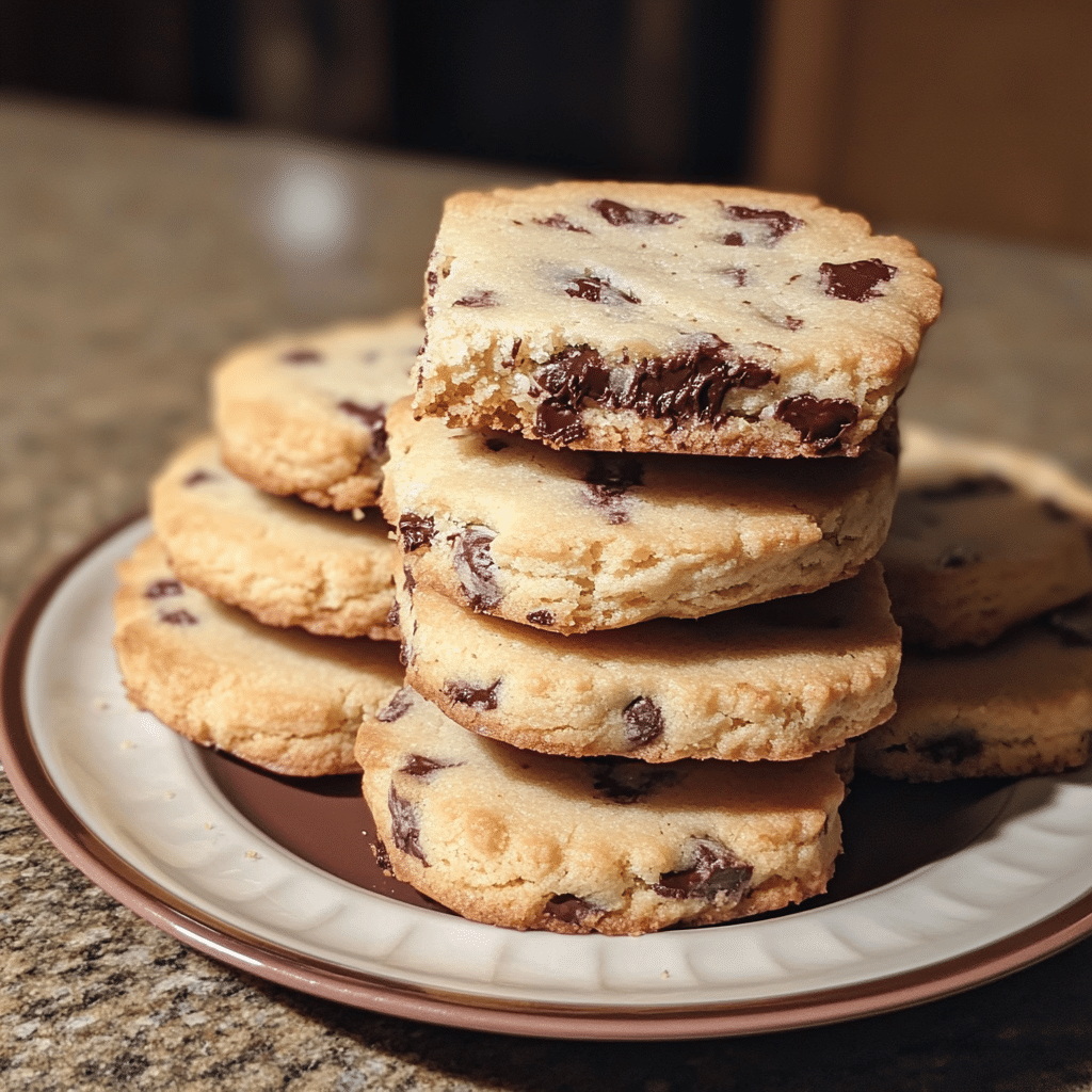 Stack of chocolate chunk shortbread cookies with buttery crumb and chocolate pieces