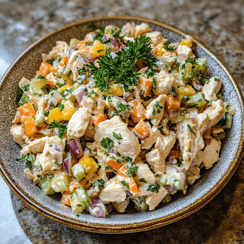 Homemade classic chicken salad served in a dish in a bright kitchen