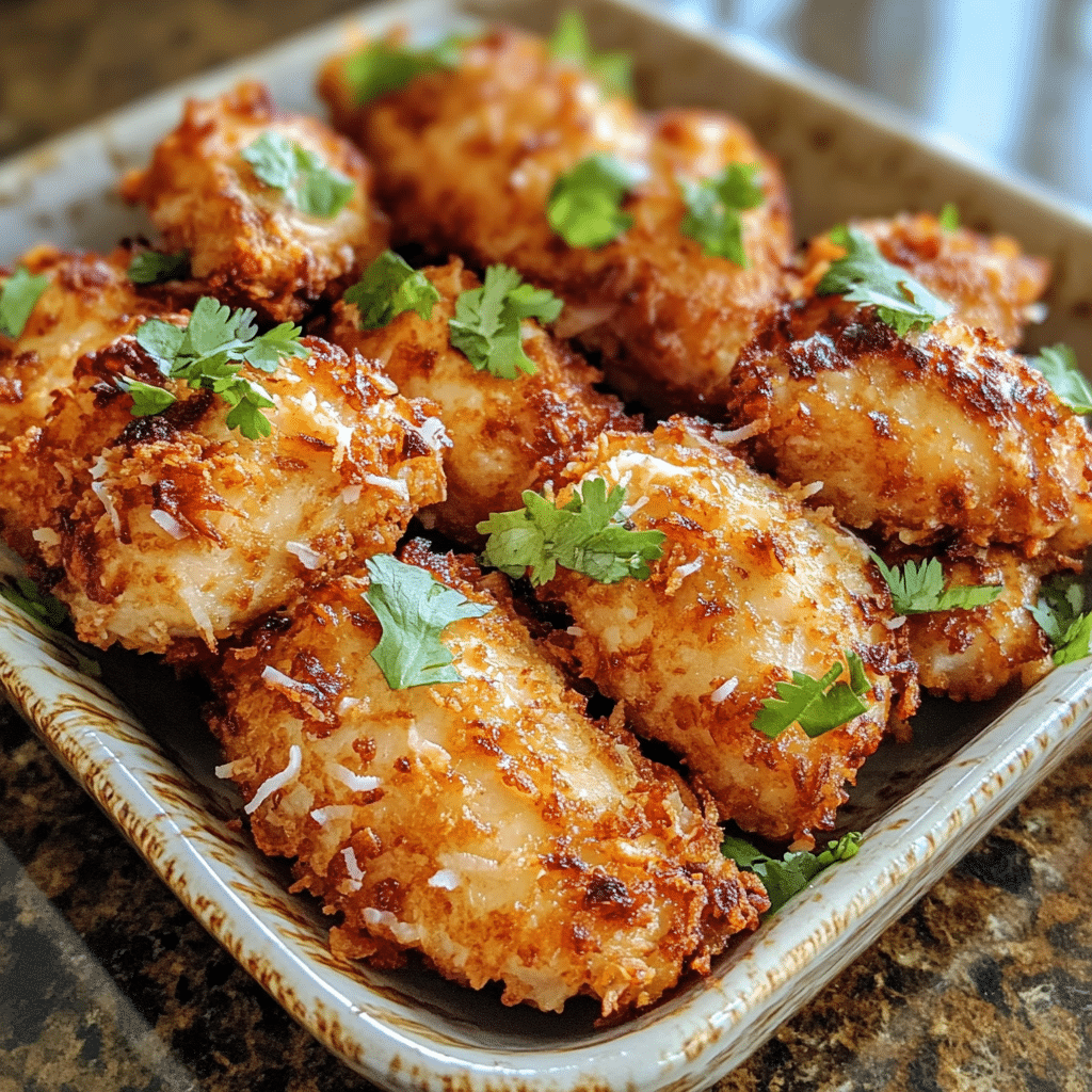 Homemade coconut chicken in a serving dish in a bright kitchen