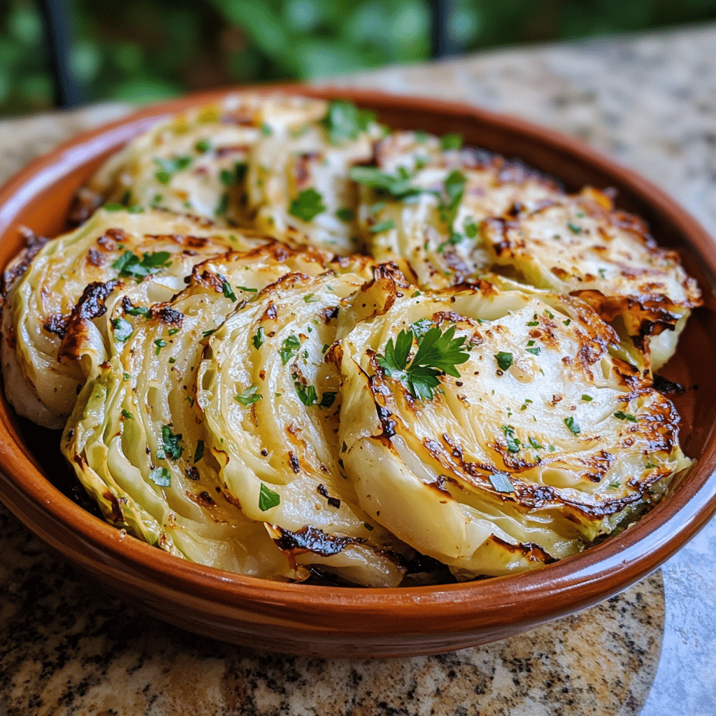 Homemade cozy garlic butter roasted cabbage steaks — sides in a serving dish in a bright kitchen