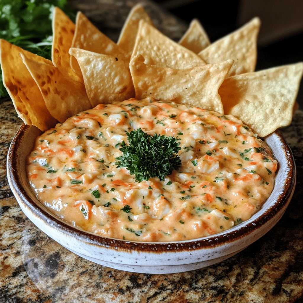 Homemade crab rangoon dip (with wonton chips) in a serving dish in a bright kitchen