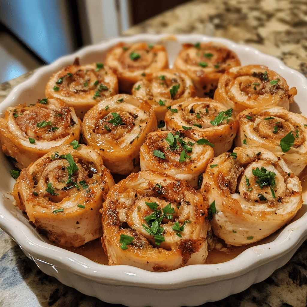 Homemade cracked out turkey pinwheels - plain chicken in a serving dish in a bright kitchen