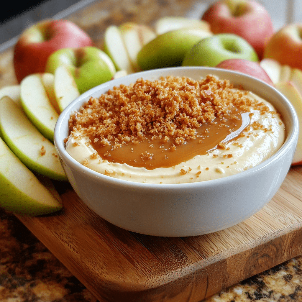 Bowl of cream cheese caramel apple dip topped with crunchy bits and apple slices nearby