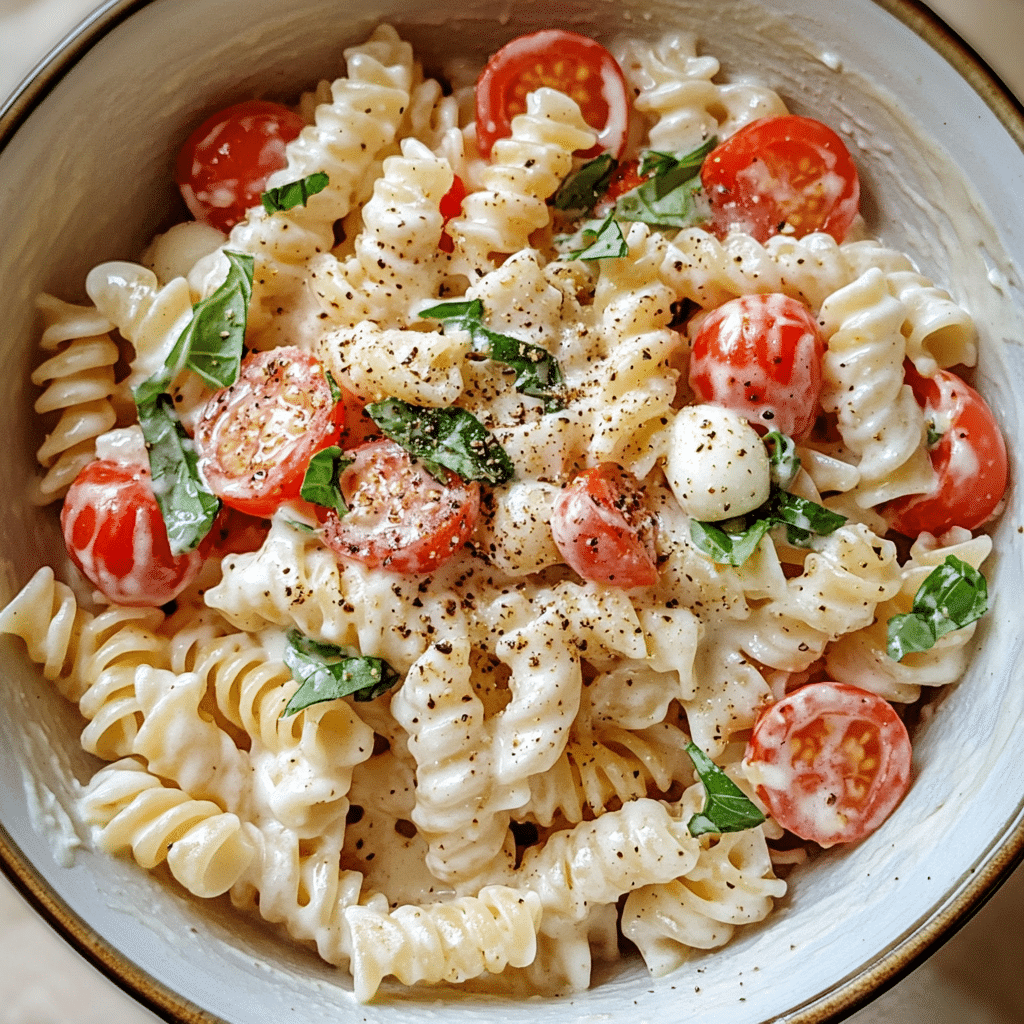 Creamy caprese pasta salad with cherry tomatoes, mozzarella pearls, basil, and creamy dressing