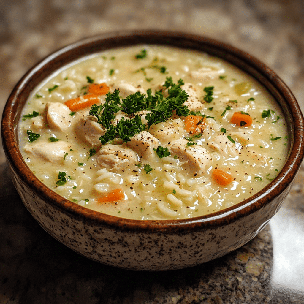 Homemade creamy chicken and rice soup in a serving dish in a bright kitchen