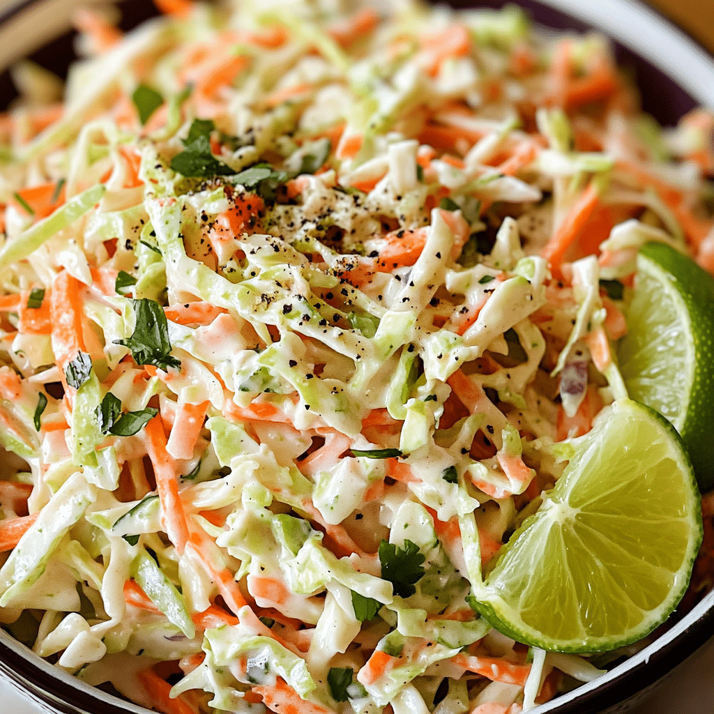 Bowl of creamy cilantro lime coleslaw with shredded cabbage, carrots, cilantro, and lime wedges