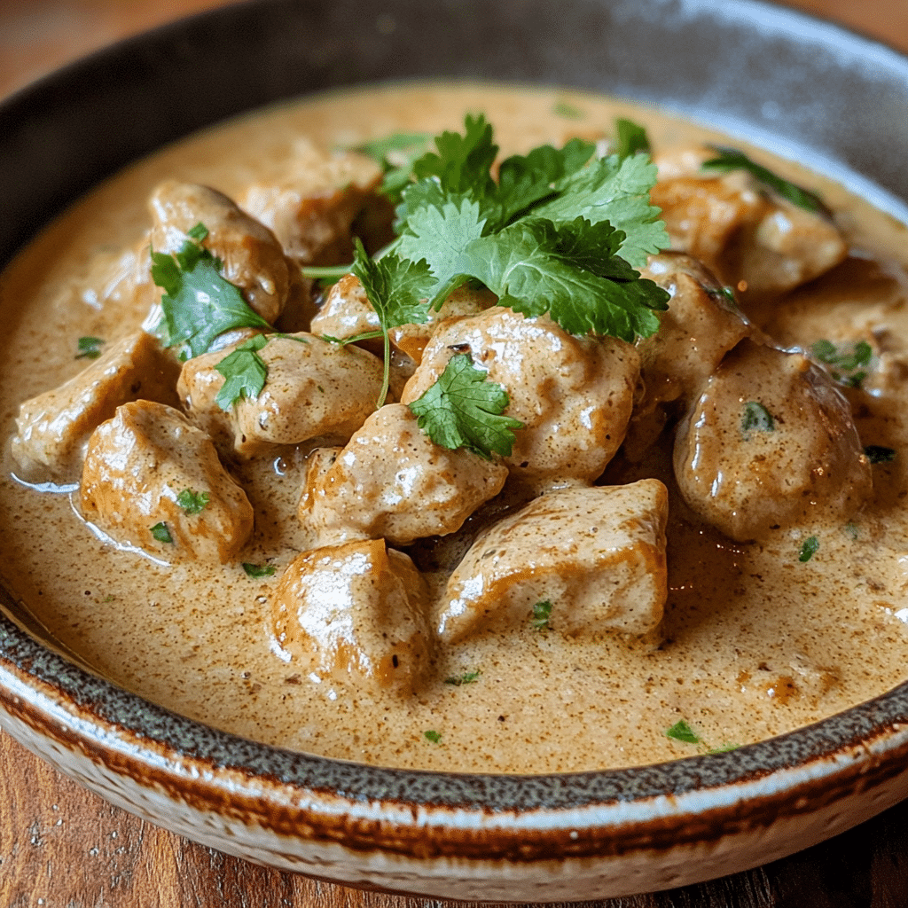 Homemade creamy coconut milk chicken in a serving dish in a bright kitchen