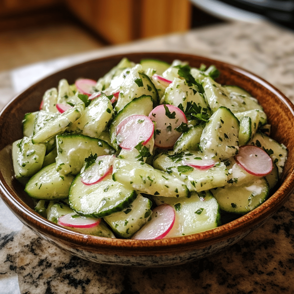 Homemade creamy cucumber radish salad in a serving dish in a bright kitchen