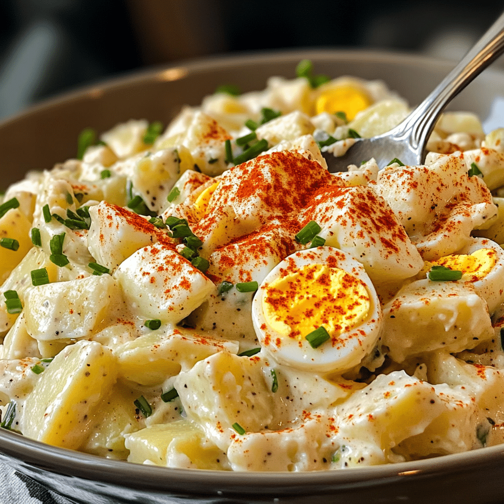 Bowl of creamy deviled egg potato salad topped with paprika and chives