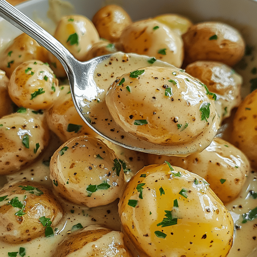 Baby potatoes tossed in creamy garlic sauce topped with parsley