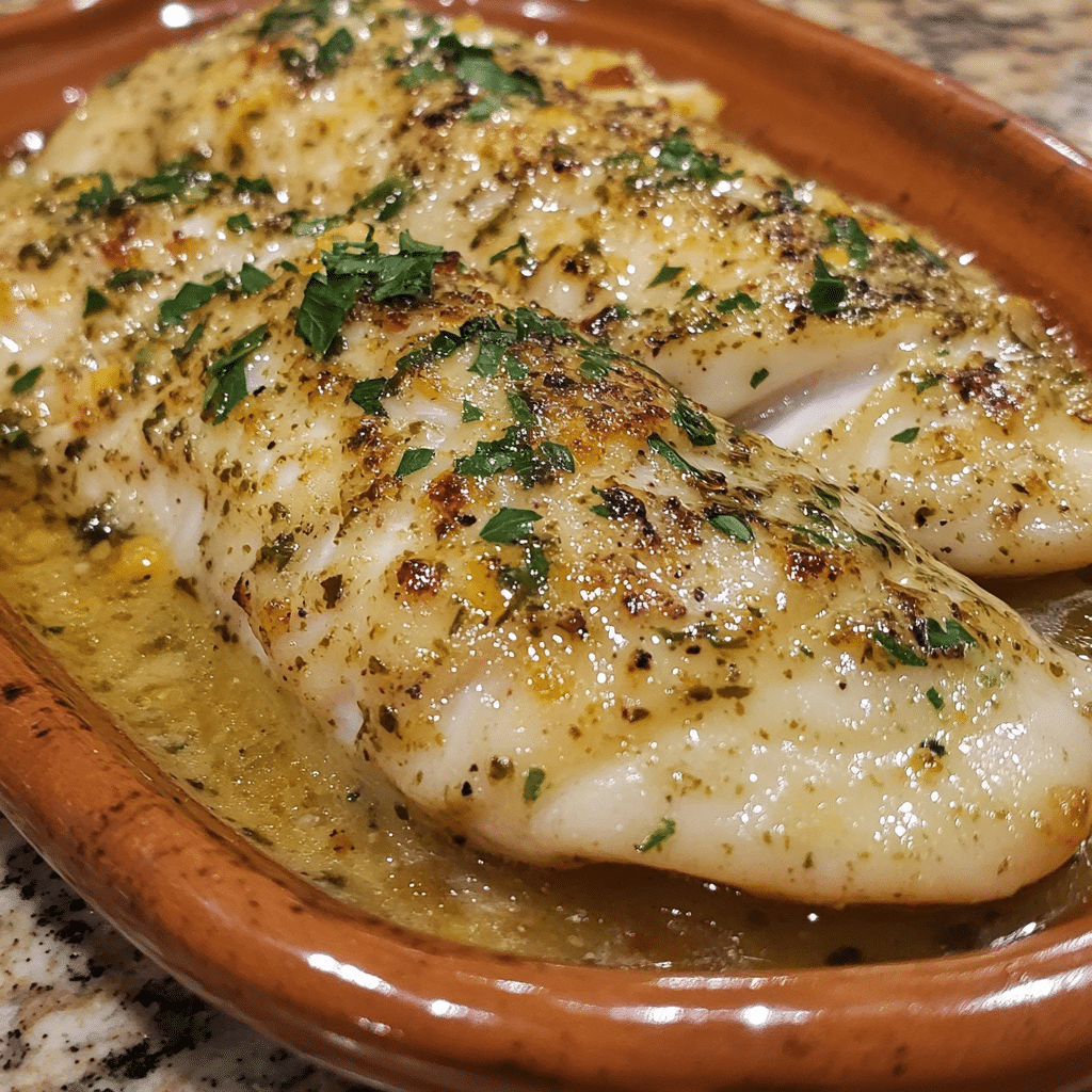 Homemade creamy lemon garlic herb tilapia in a serving dish in a bright kitchen