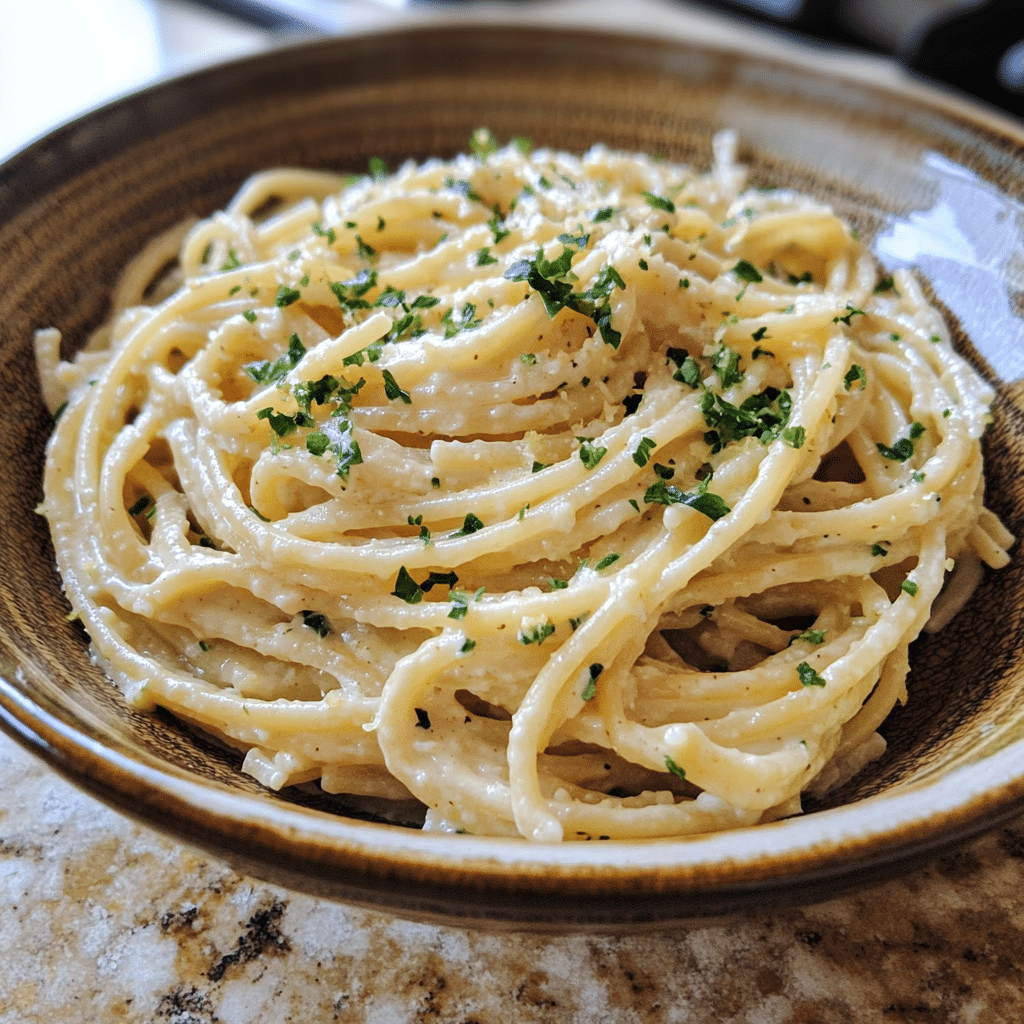 Homemade creamy lemon garlic tahini pasta in a serving dish in a bright kitchen