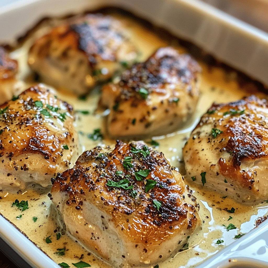 Baking dish of chicken pieces baked in creamy garlic sauce with herbs