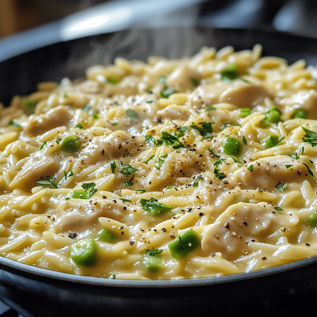 Skillet of creamy Parmesan orzo with chicken pieces and asparagus