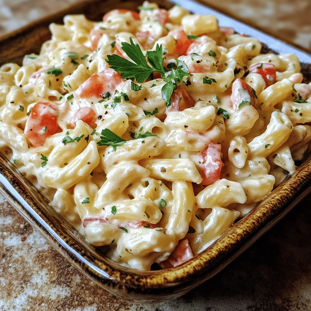 Homemade creamy pasta salad in a serving dish in a bright kitchen