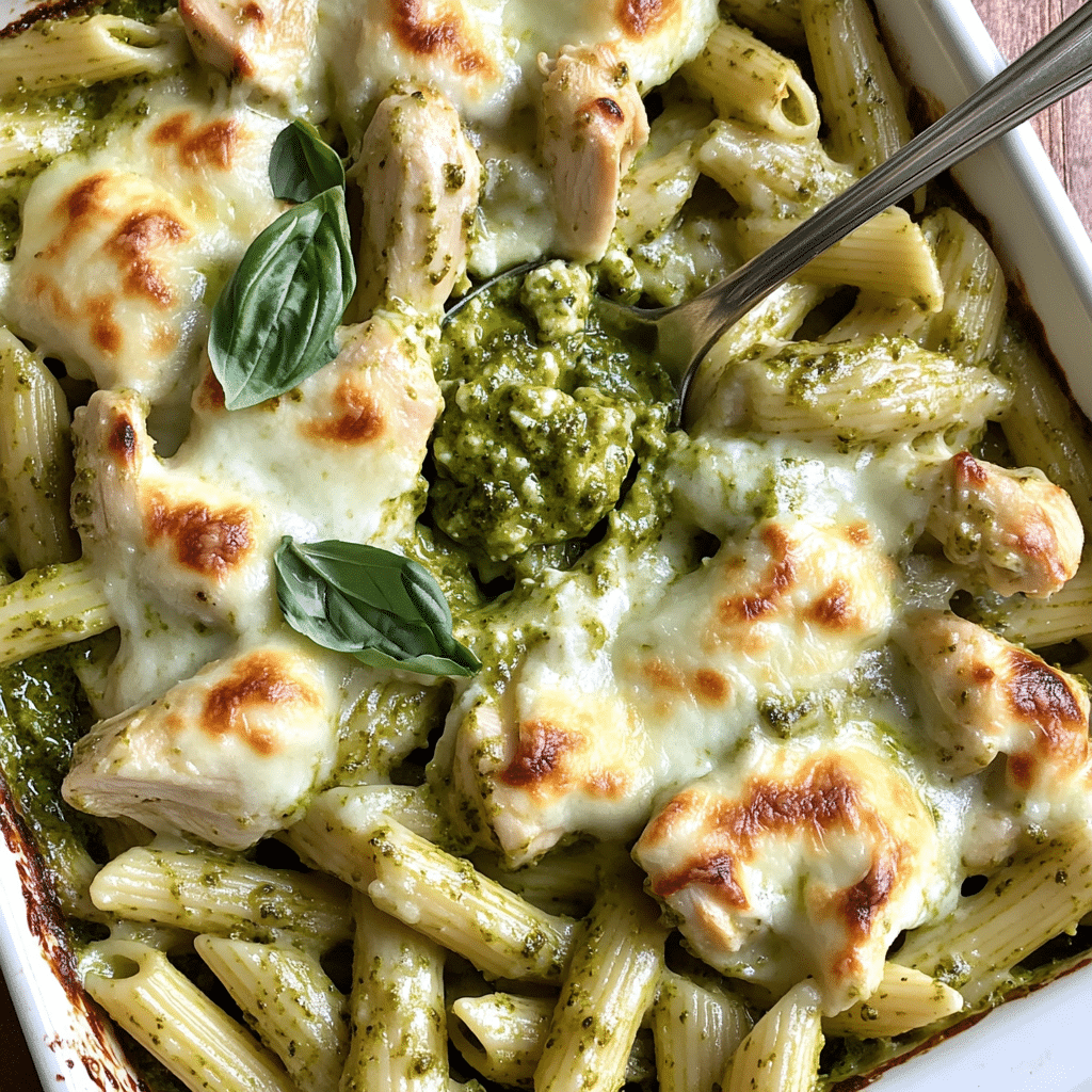 Casserole dish of pesto chicken pasta bake with melted cheese