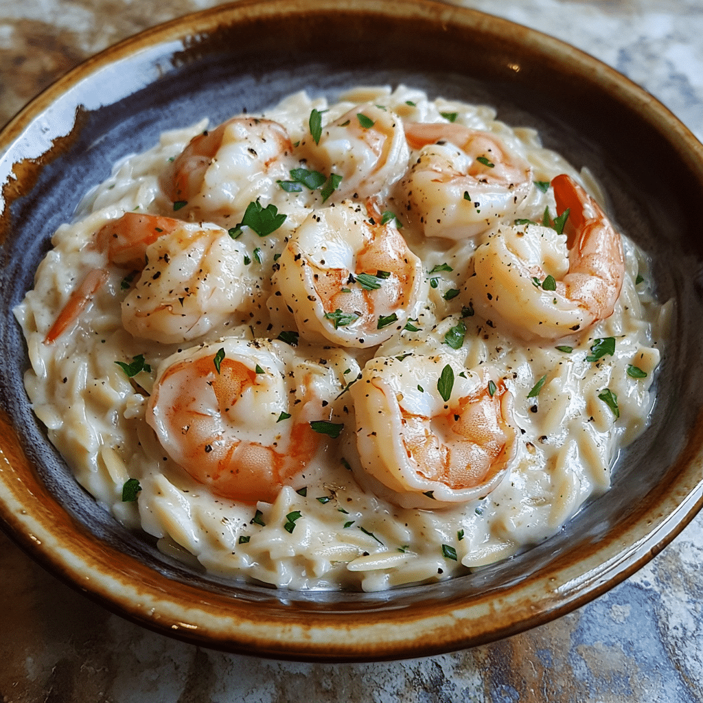 Homemade creamy shrimp orzo in a serving dish in a bright kitchen