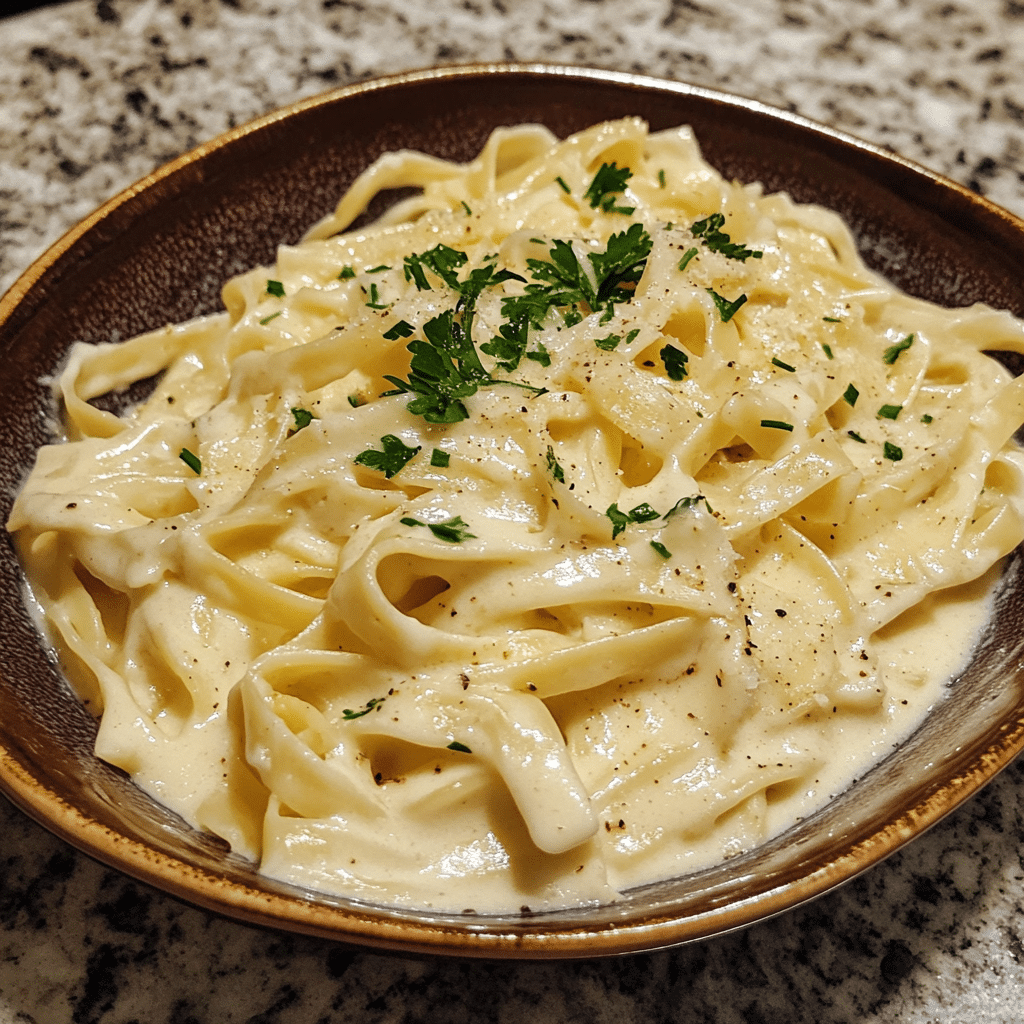 Homemade creamy skinny alfredo in a serving dish in a bright kitchen