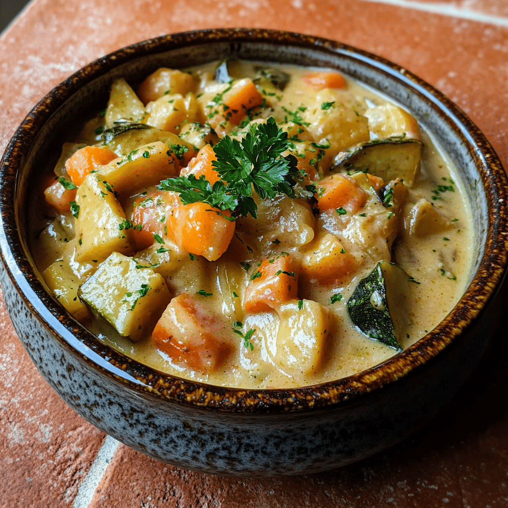 Homemade creamy winter vegetable casserole in a serving dish in a bright kitchen