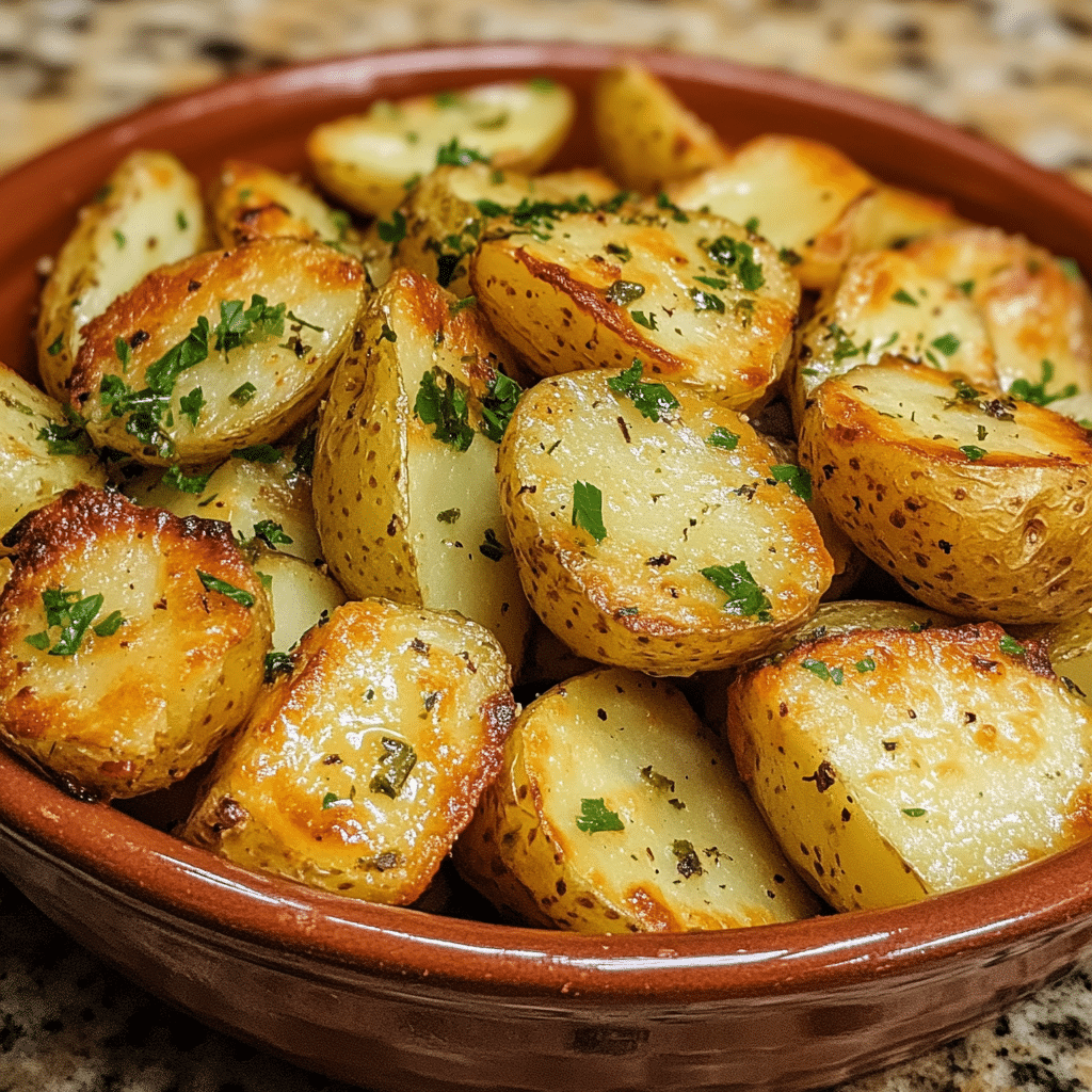 Homemade crispy garlic butter potatoes in a serving dish in a bright kitchen