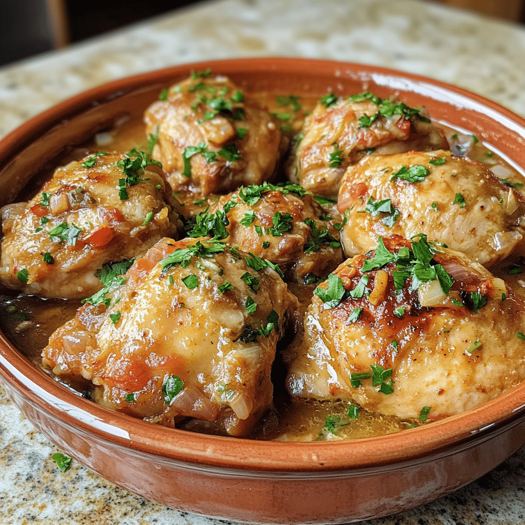 Homemade crockpot greek chicken in a serving dish in a bright kitchen