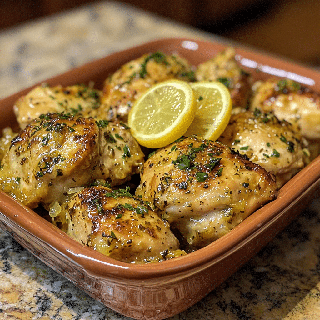 Homemade crockpot greek lemon chicken in a serving dish in a bright kitchen