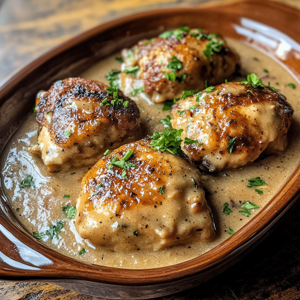 Homemade crockpot tuscan chicken creamy & flavorful in a serving dish in a bright kitchen