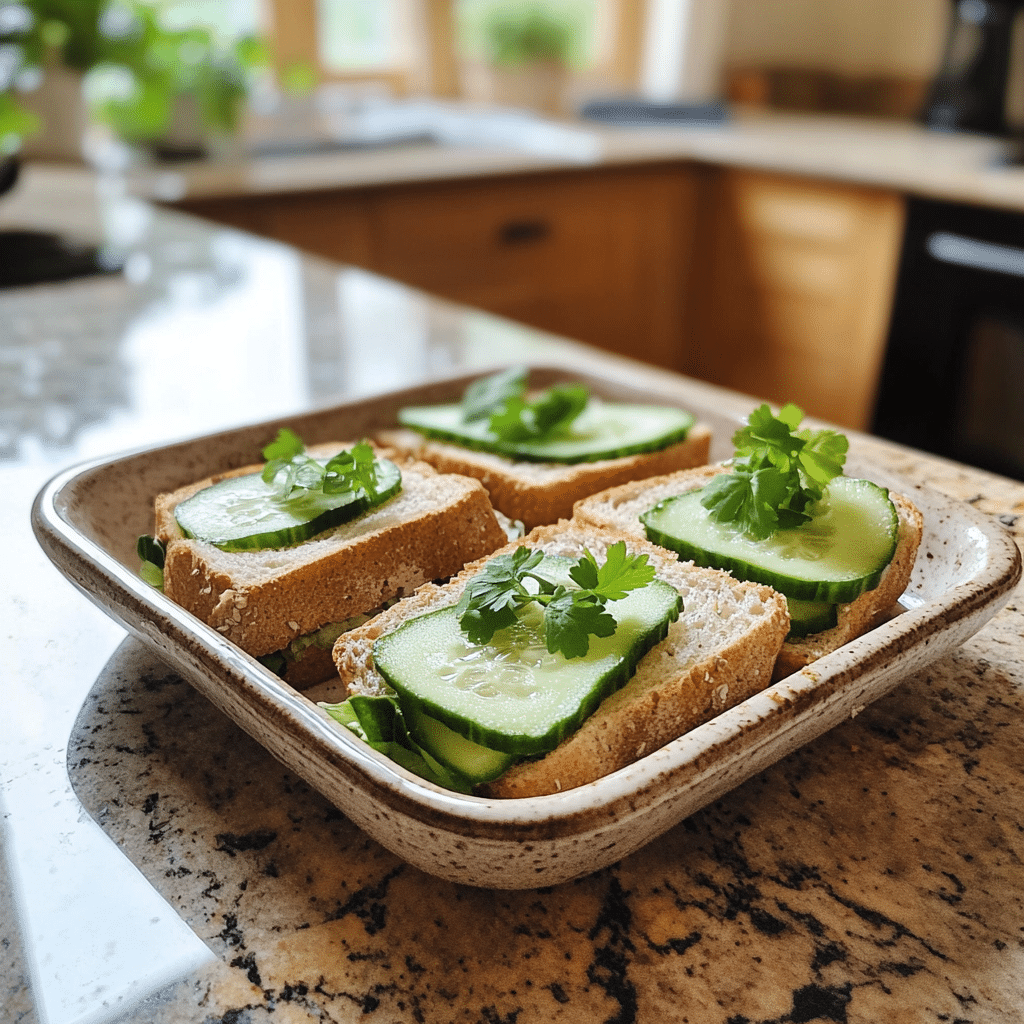 Homemade cucumber sandwich in a serving dish in a bright kitchen