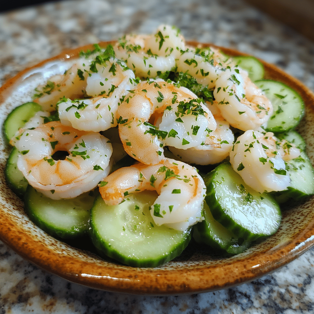 Homemade cucumber shrimp salad in a serving dish in a bright kitchen