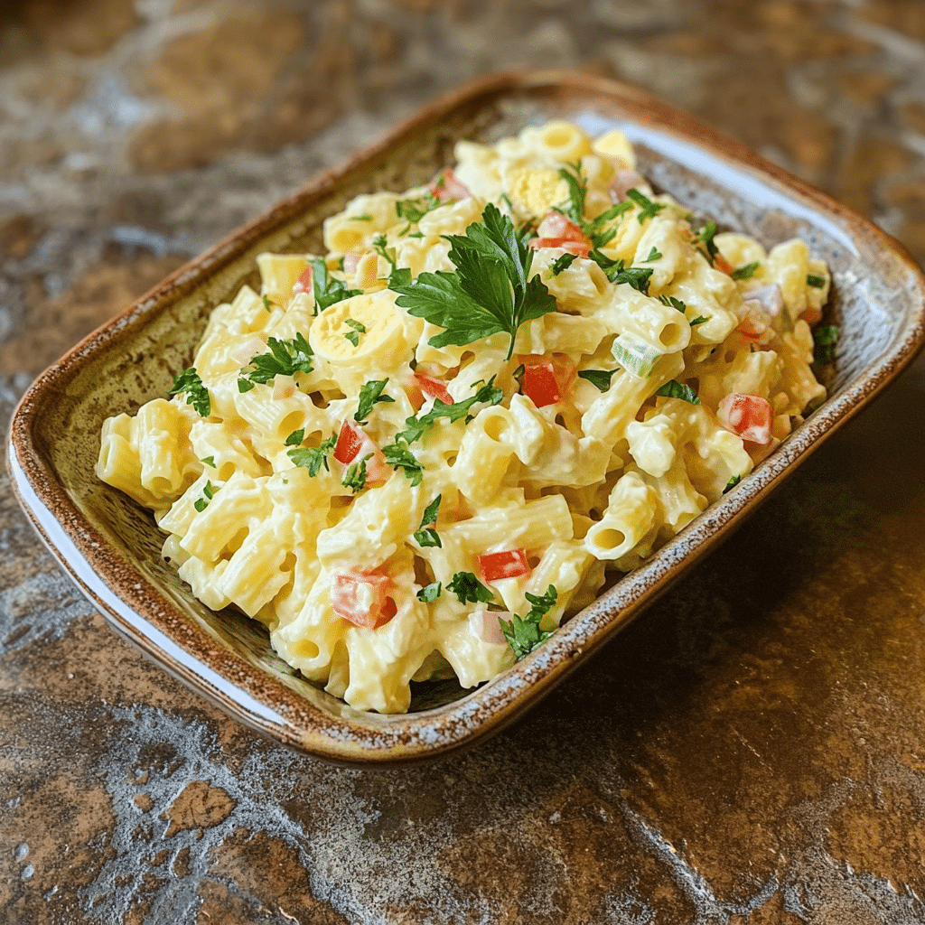 Homemade deviled egg pasta salad in a serving dish in a bright kitchen