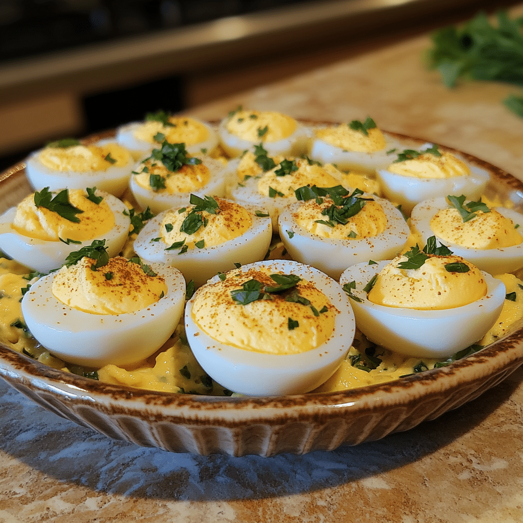 Homemade deviled egg salad in a serving dish in a bright kitchen