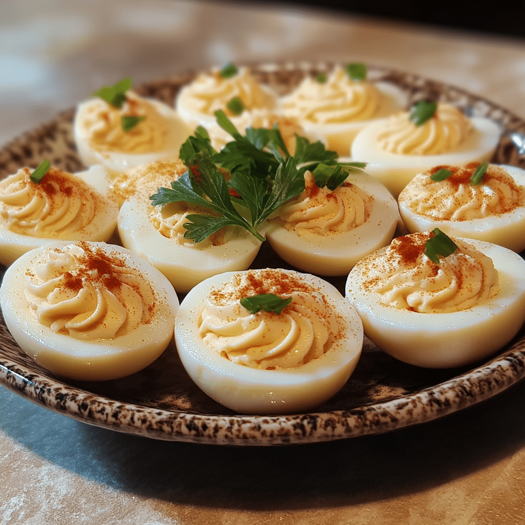 Homemade deviled eggs for easter in a serving dish in a bright kitchen