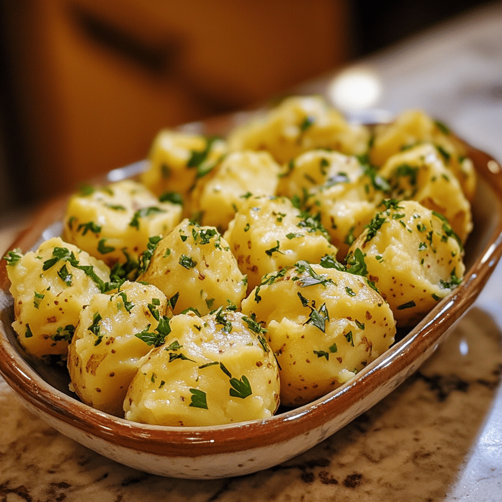 Homemade deviled potatoes in a serving dish in a bright kitchen