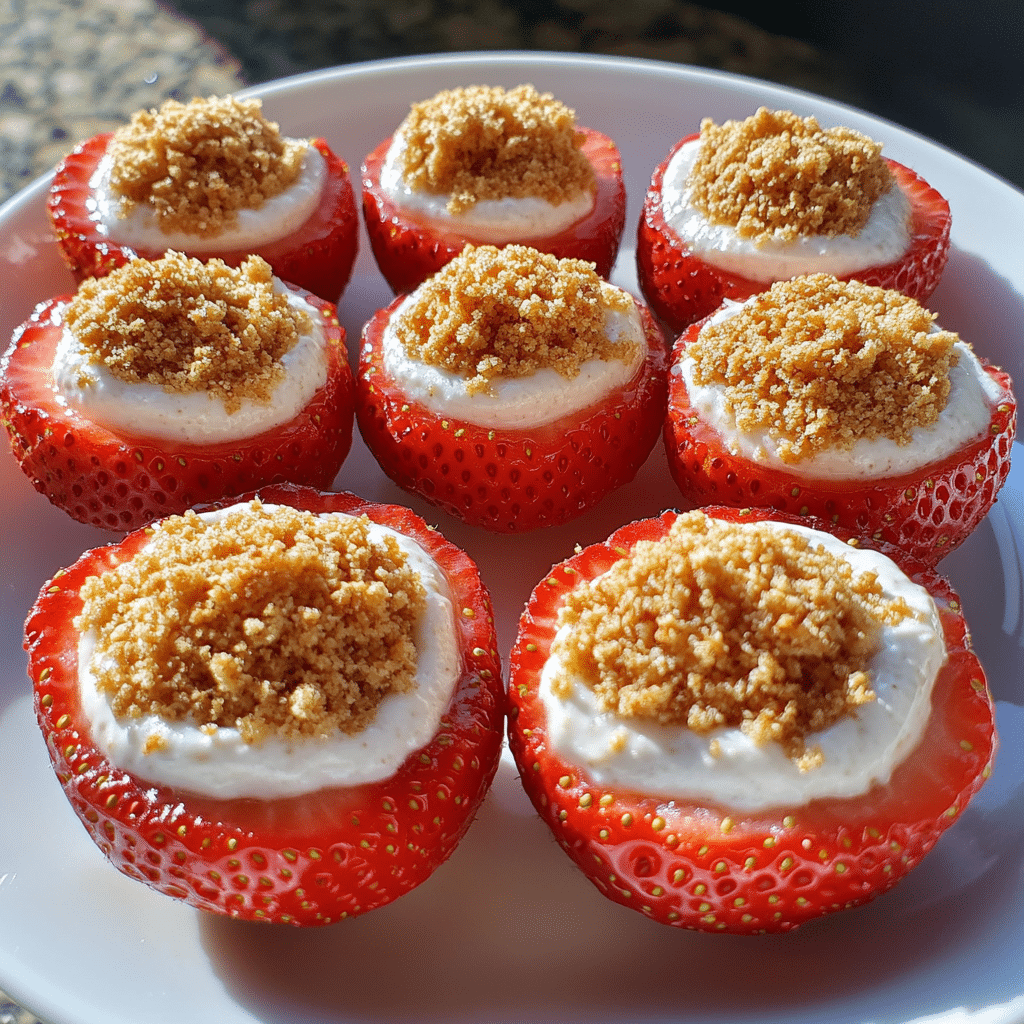 Fresh strawberries filled with a sweet cheesecake style filling and topped with crumbs