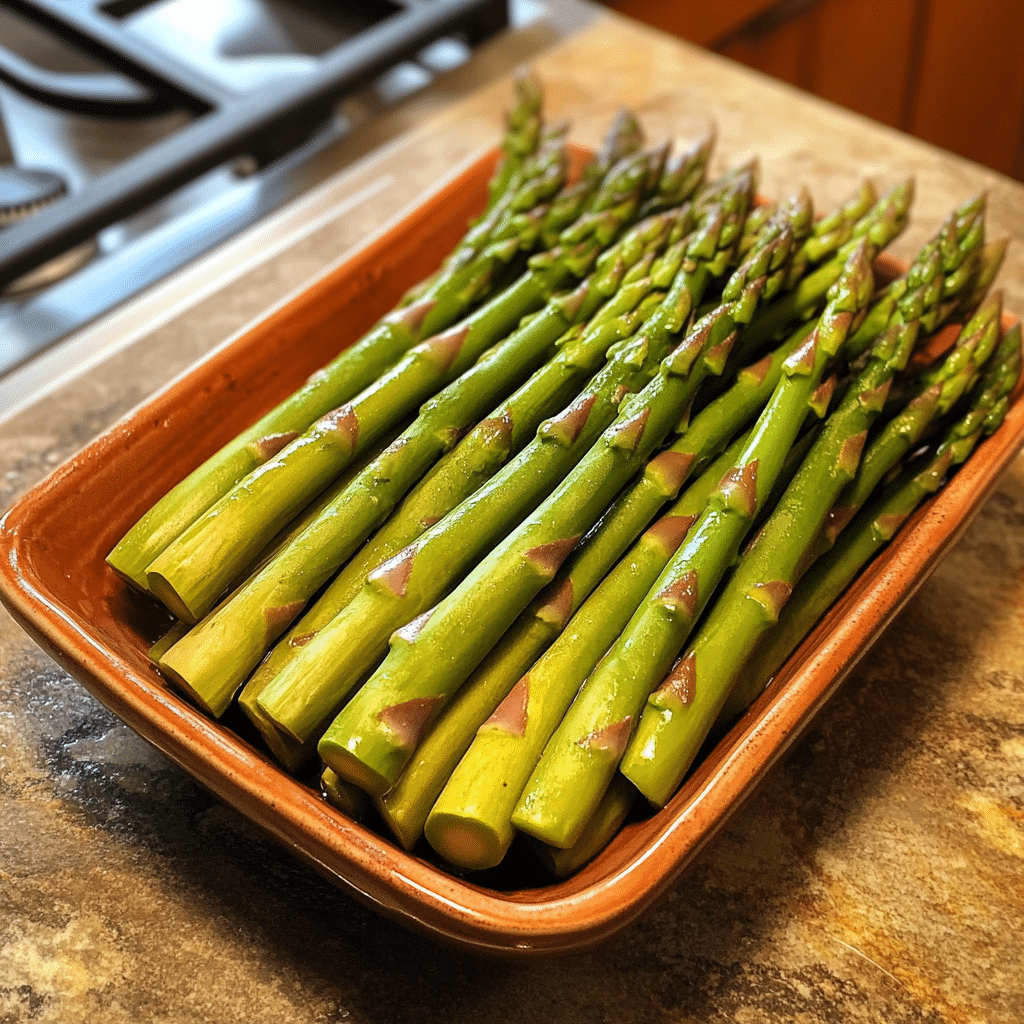 Homemade divine asparagus in a serving dish in a bright kitchen