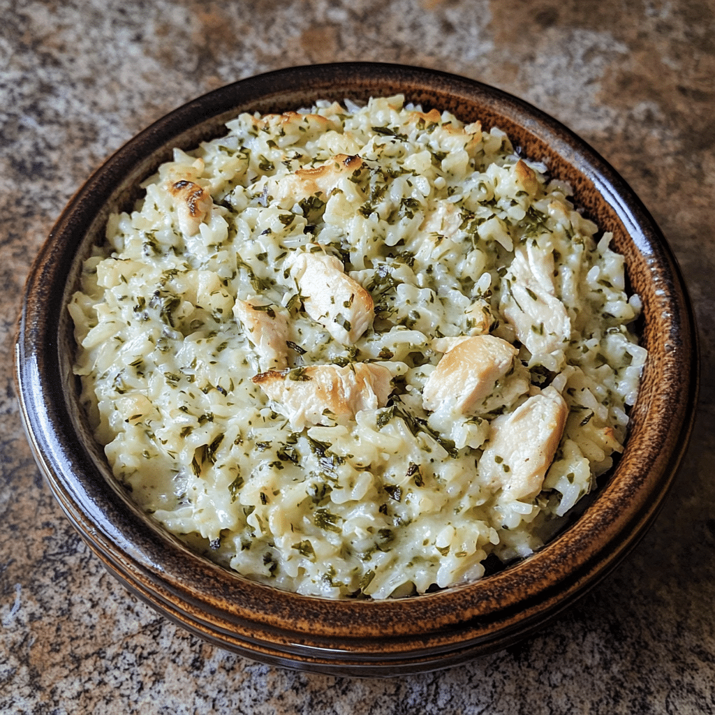 Homemade dump-and-bake chicken tzatziki rice casserole served in a dish in a bright kitchen